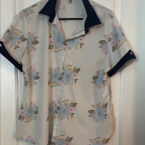 Tops - Cream and Blue Floral Blouse with Sporty Trim